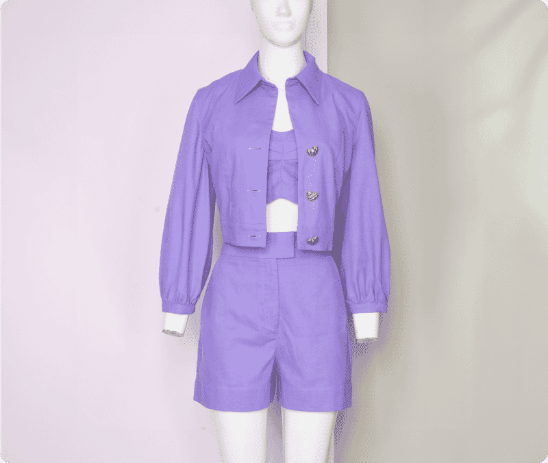 Original mannequin photo of a purple jacket, crop top, and shorts set before ghost mannequin and background editing.