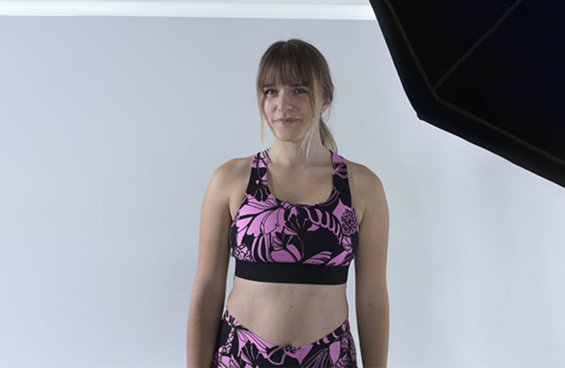 Before activewear model photo for retouching and ecommerce fashion enhancement.