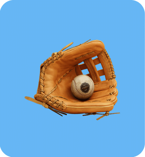 Leather baseball glove with a baseball on a bright blue background using clipping path background removal.