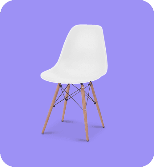 White modern chair with wooden legs on a purple background with clean product photo editing and soft shadow.