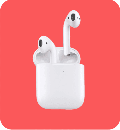 White wireless earbuds in a charging case on a bright red background with clean product cutout editing.