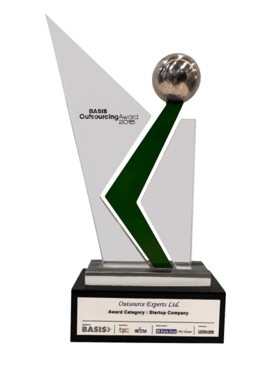 BASIS Outsourcing Award 2015 trophy for Outsource Experts Ltd. startup company on a white background.