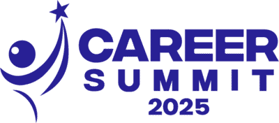 Blue Career Summit 2025 logo with stylized person and star icon on a white background.