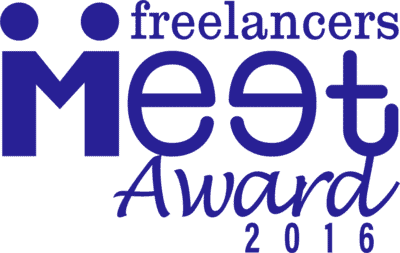 Blue Freelancers Meet Award 2016 logo with bold typography on a white background.