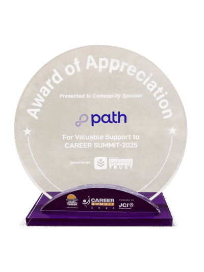 Transparent round Award of Appreciation trophy presented to Path for Career Summit 2025 support.