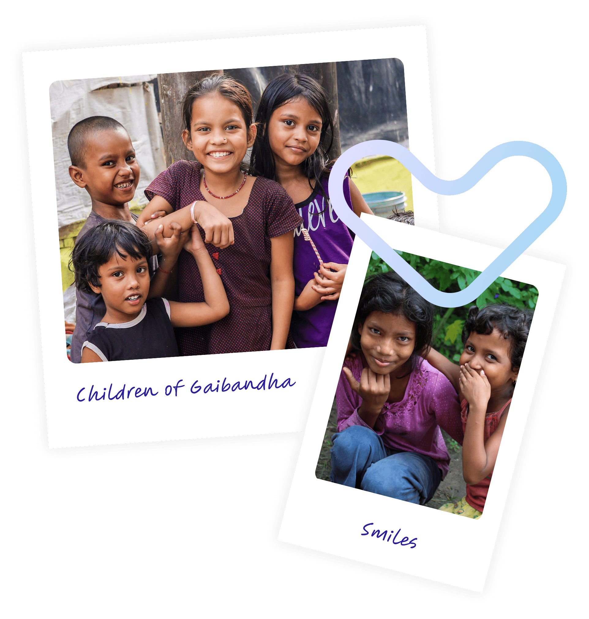 Polaroid photos of children supported through the Anisa Foundation with handwritten captions and a heart illustration.