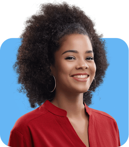 Smiling woman in a red top on a blue rounded background with clean portrait background removal