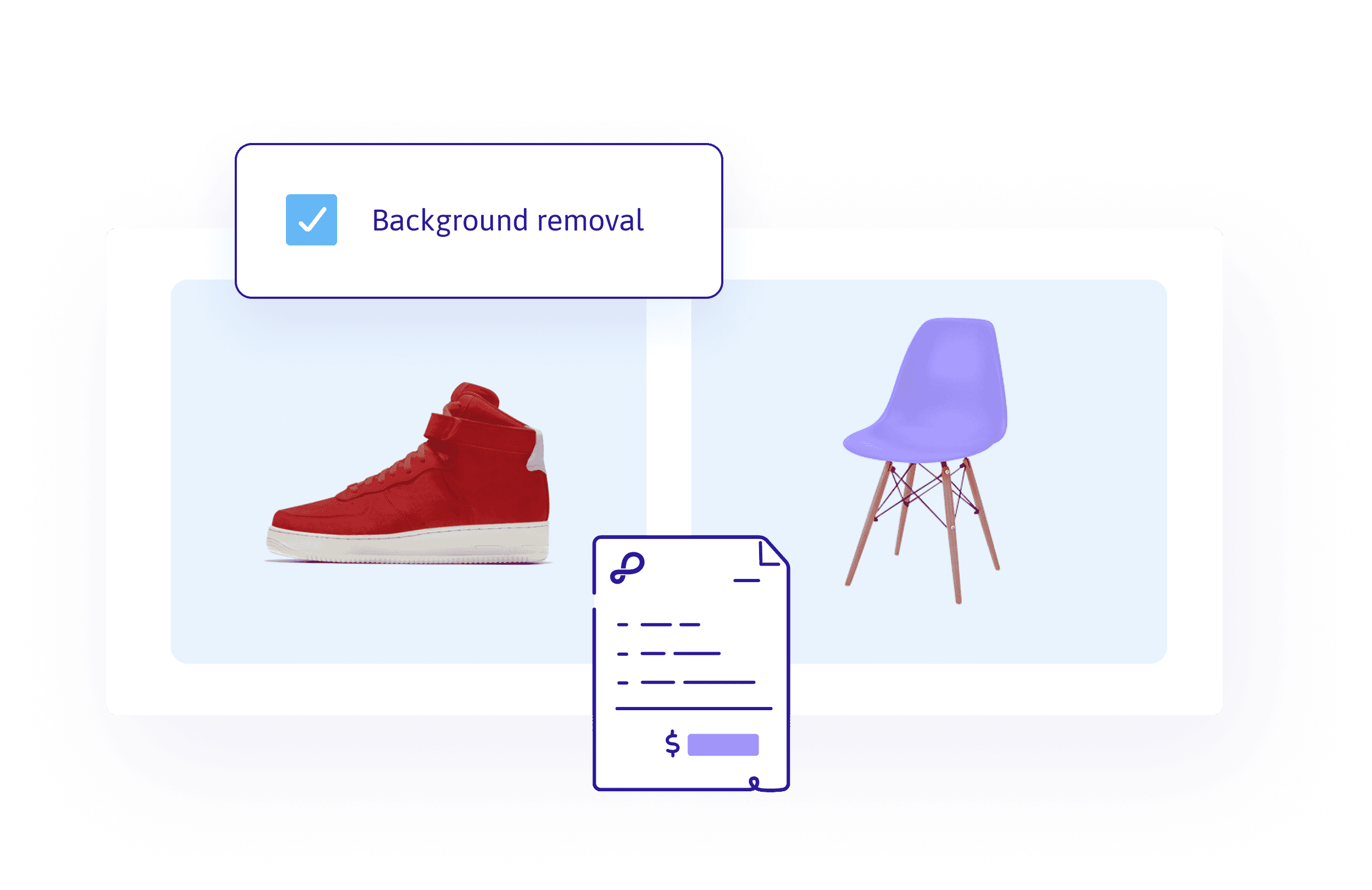 Red sneaker and purple chair images illustrating background removal service and accurate order pricing process.