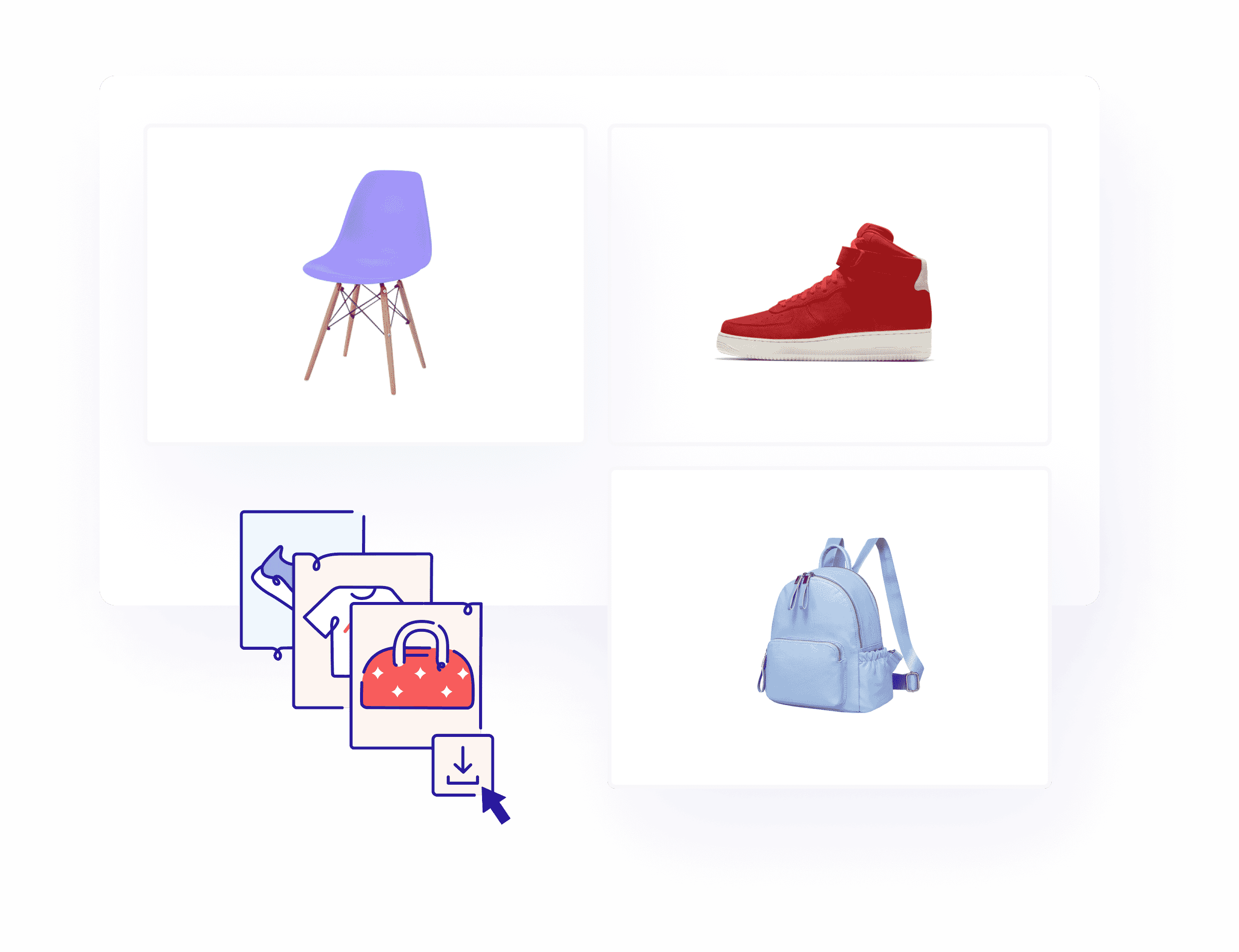 Edited images of a chair, sneaker, and backpack with a download icon showcasing the simple file retrieval process.