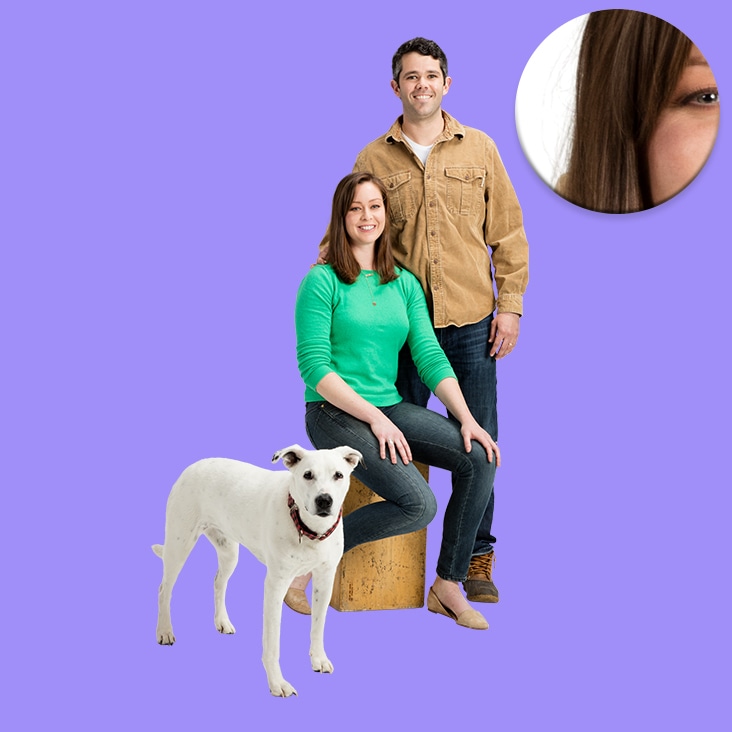 Complex image masking applied to a family portrait with a dog, ensuring detailed hair and fur refinement with a clean background removal.