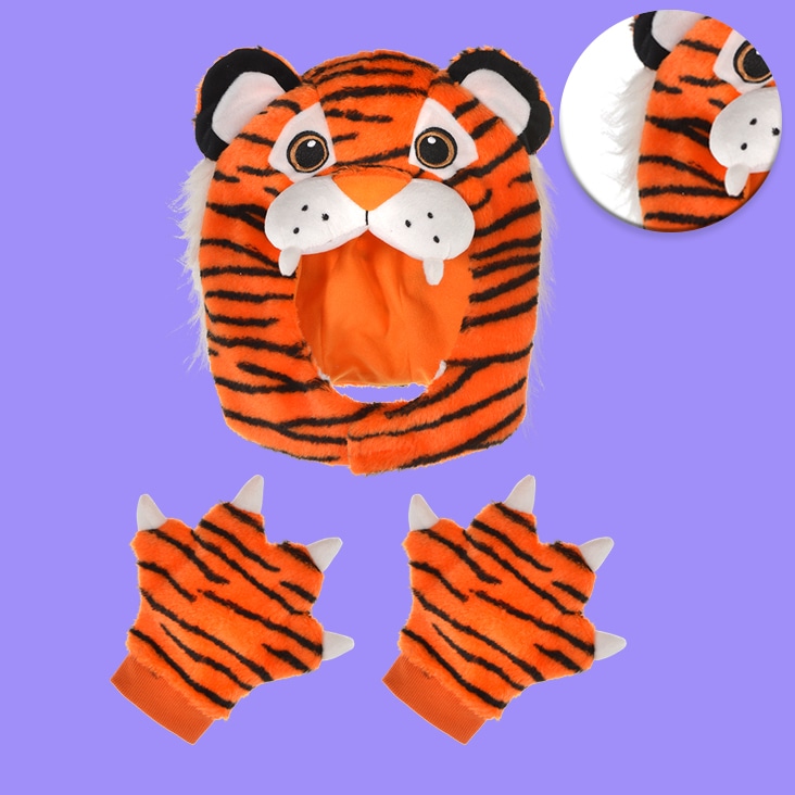 Simple image masking applied to a tiger-themed costume set, including a hat and gloves, with precise background removal.