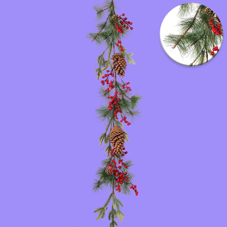 Super complex image masking applied to a pine garland with berries and cones, showcasing intricate detailing and clean background removal.