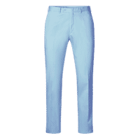 Symmetrically aligned light blue trousers on white background edited