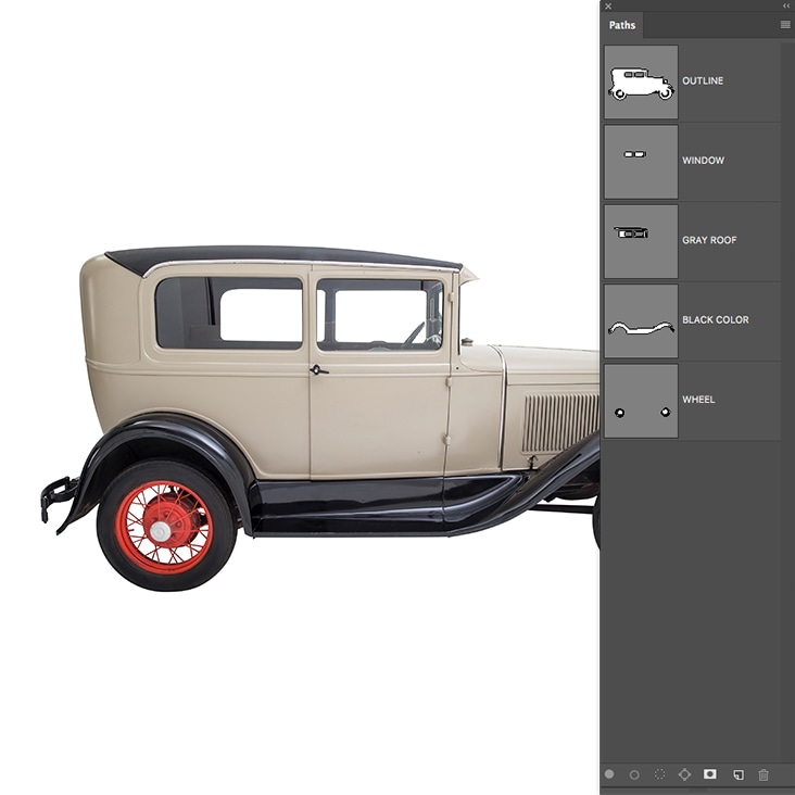 Detailed multi-clipping path services for classic car images, focusing on windows, roofs, and wheels.