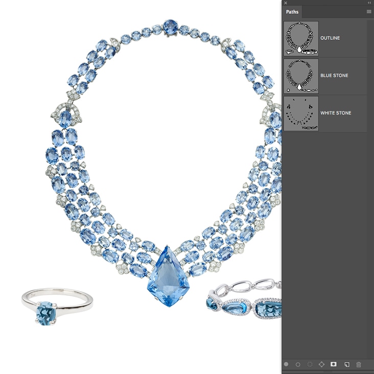 Intricate multi-clipping path services for detailed jewelry pieces, including stones and metals.