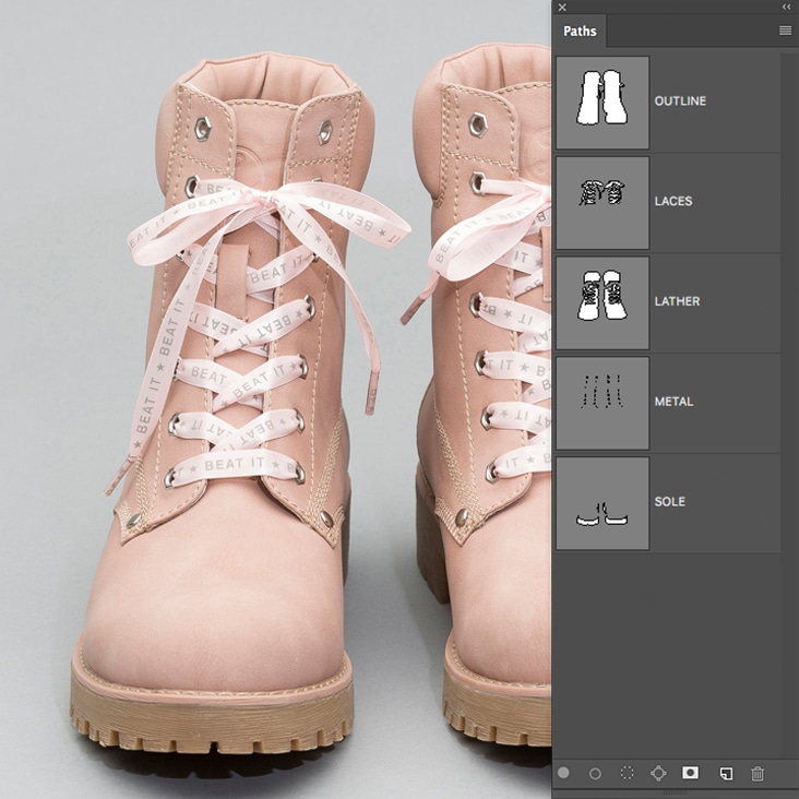 Detailed multi-clipping path services for footwear, including elements like laces, soles, and metal accents.