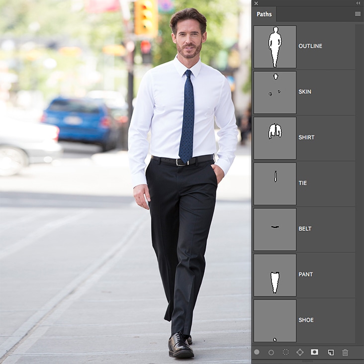 Precise multi-clipping path services for formal wear images, including ties, belts, and shoes.