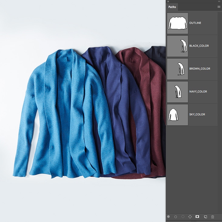Accurate multi-clipping path services for apparel images with multiple color variations.