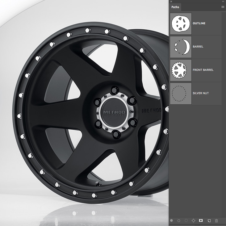 Professional multi-clipping path services for detailed edits of automotive parts like wheels.