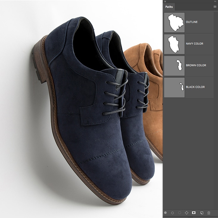 Efficient multi-clipping path services for footwear images with multiple color options.