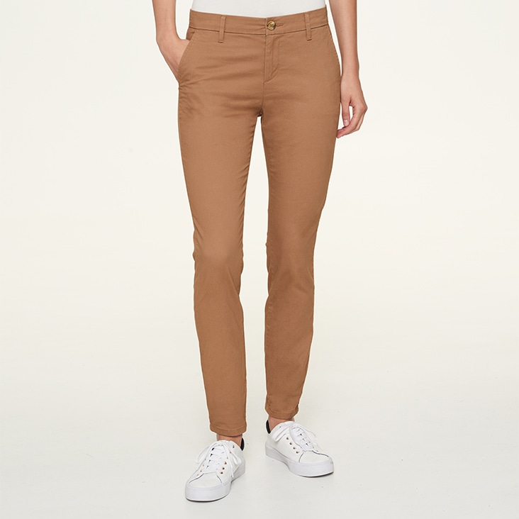 Khaki pants with a smooth and crisp appearance, shown after clothing wrinkle removal editing.