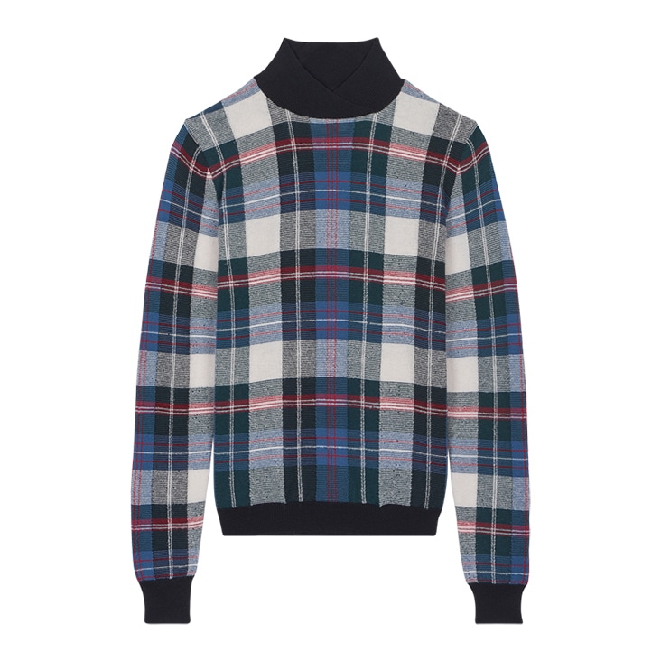 Plaid turtleneck sweater displayed with visible wrinkles and imperfections, shown before wrinkle removal editing.