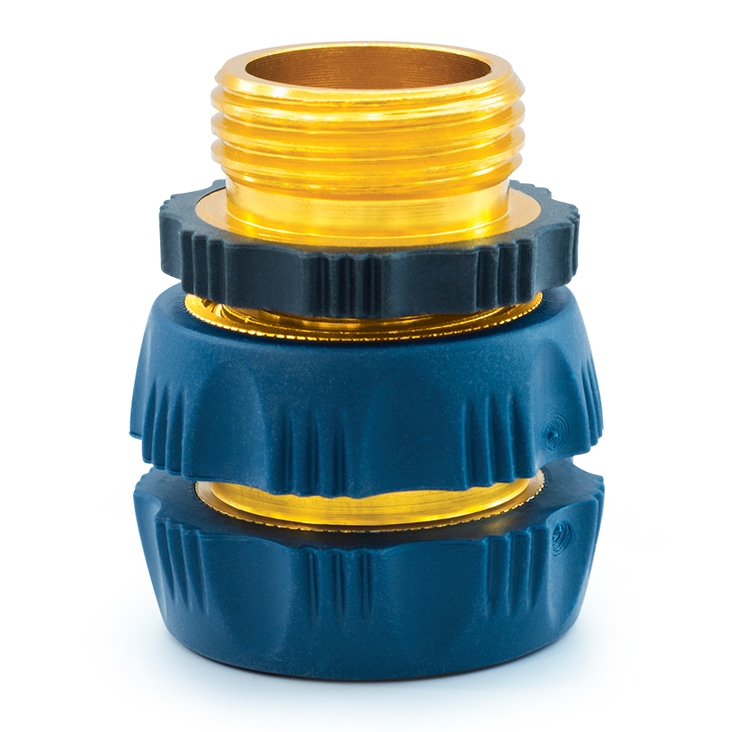 Close-up of a gold and blue industrial connector with reflections removed for a polished and clean appearance.