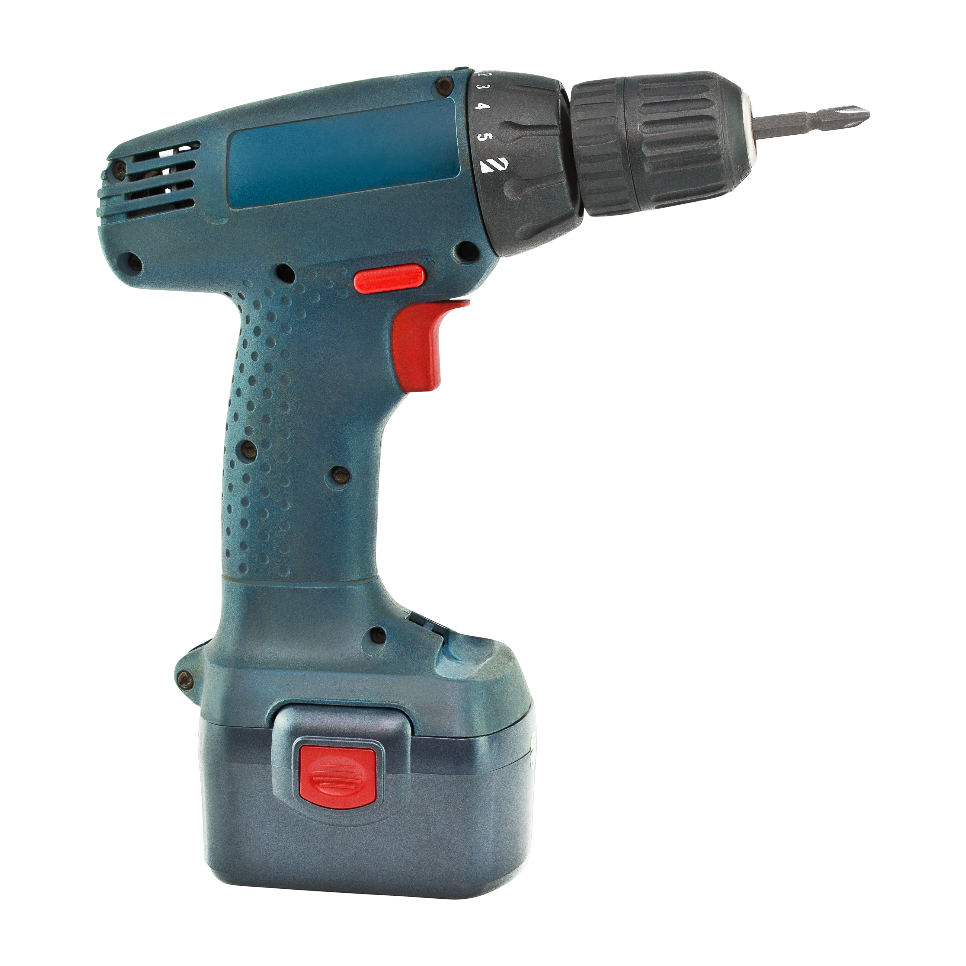 Blue power drill with red accents, professionally restored by removing dust, spots, and scratches.