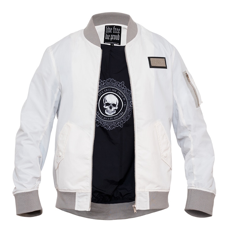 White bomber jacket with wrinkles expertly removed, showcasing a smooth and polished fabric finish.