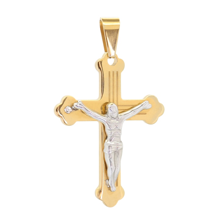Gold cross pendant with silver crucifix, restored by removing camera reflection for a clean, polished look.
