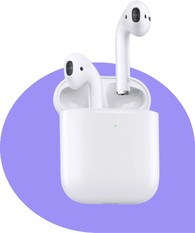 White wireless earbuds against a violet background, highlighting Path’s professional and ready-to-sell photo editing services.