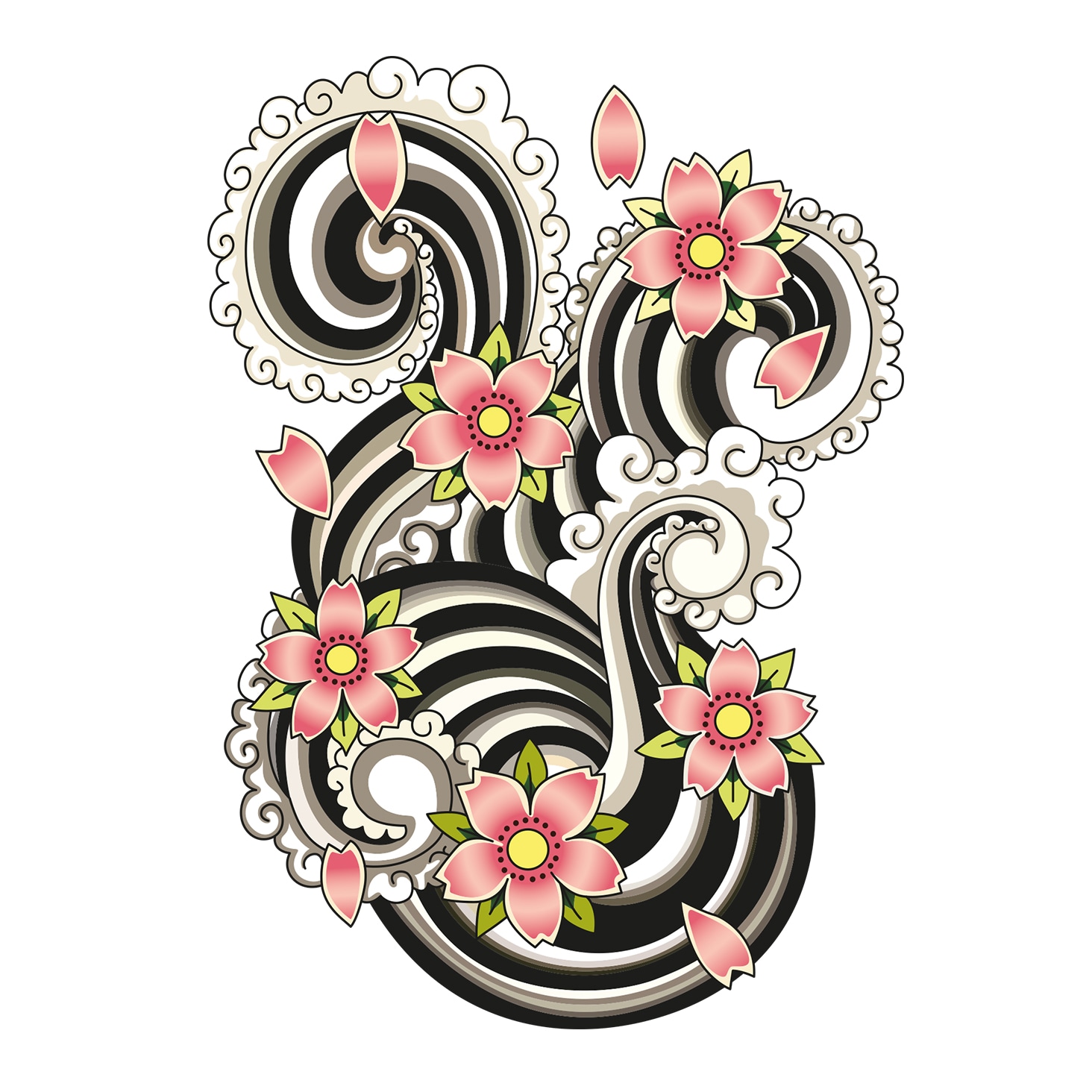 Complex vector artwork of pink flowers with leaves and decorative black-and-white wave patterns.