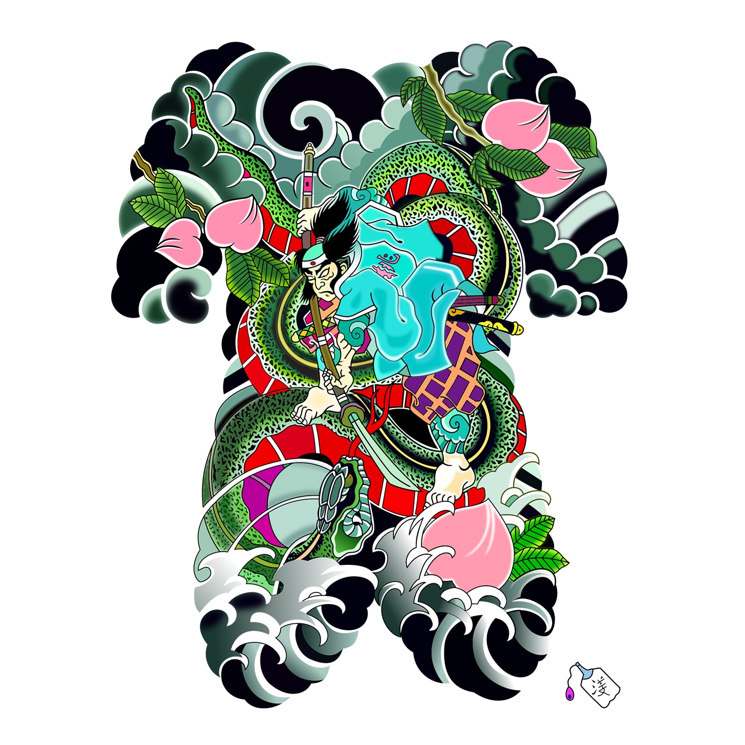 Complex vector artwork of a samurai battling a dragon surrounded by waves, clouds, and floral designs.