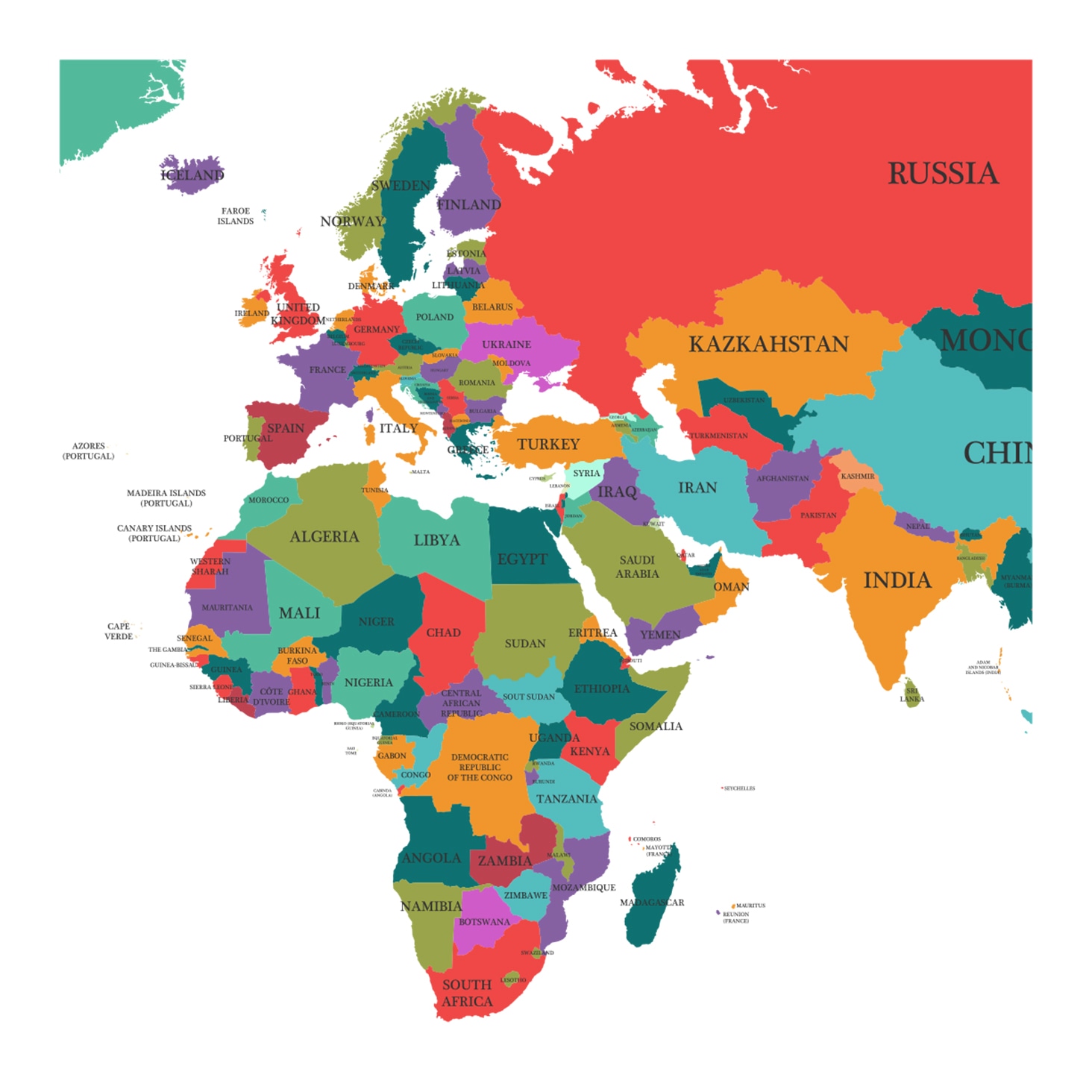 Complex vector artwork of a detailed world map featuring labeled countries and vibrant colors.