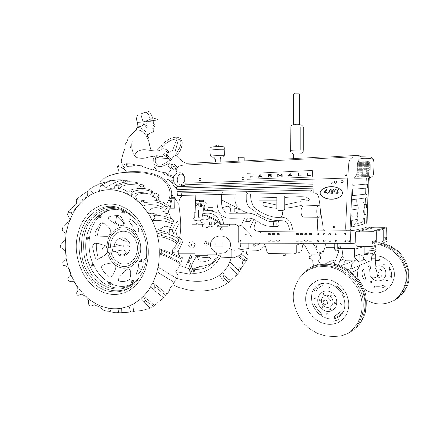 Highly detailed line drawing of a farm tractor with a farmer seated at the wheel.