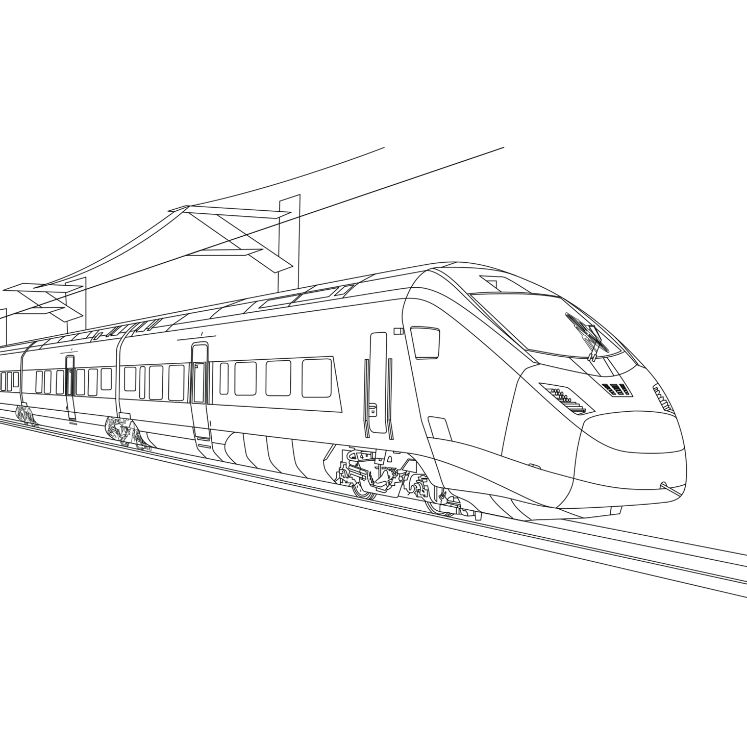 Detailed line drawing of a high-speed train at a modern platform with architectural elements in the background.