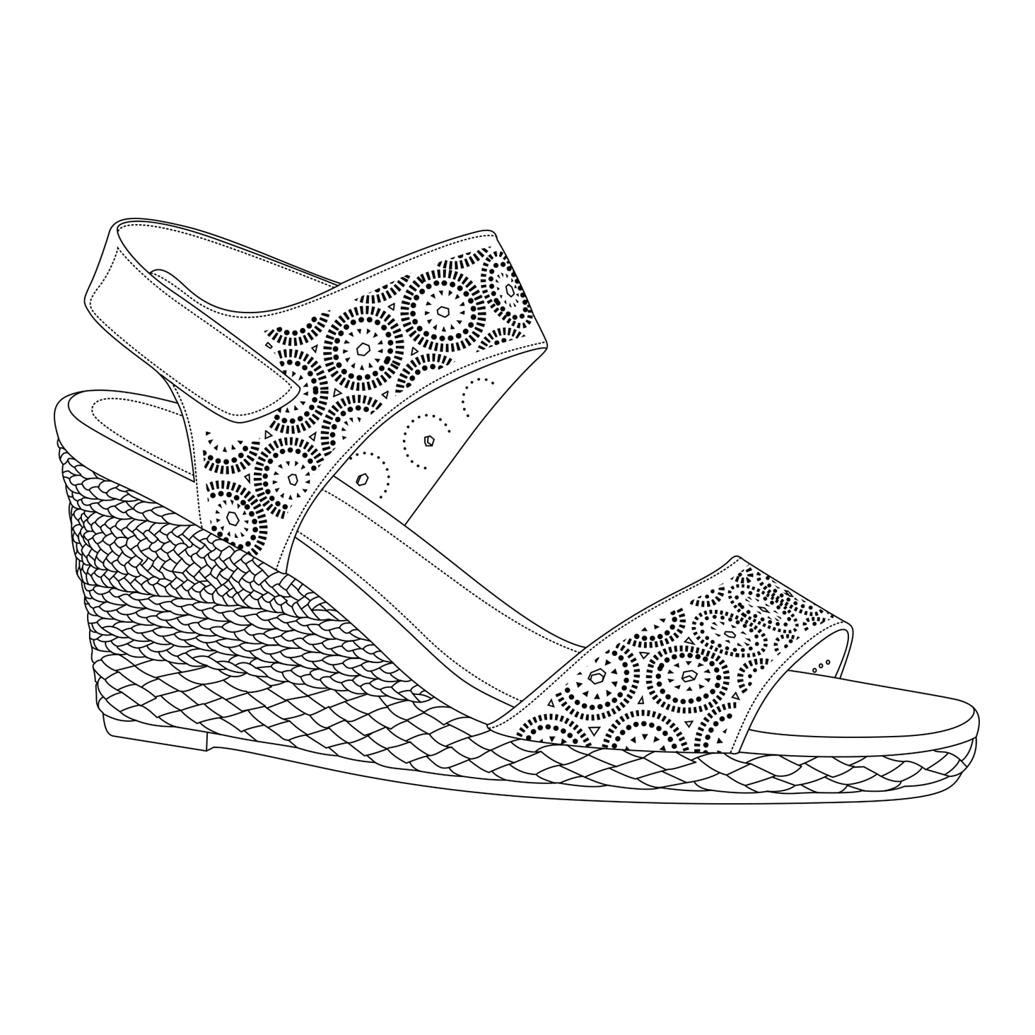 Detailed line drawing of a wedge sandal with ornate patterns on the straps and textured sole design.