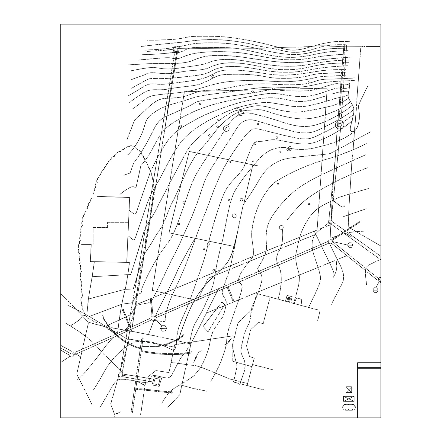 Intricate line drawing of a topographic map with contour lines, elevation markers, and structural details.