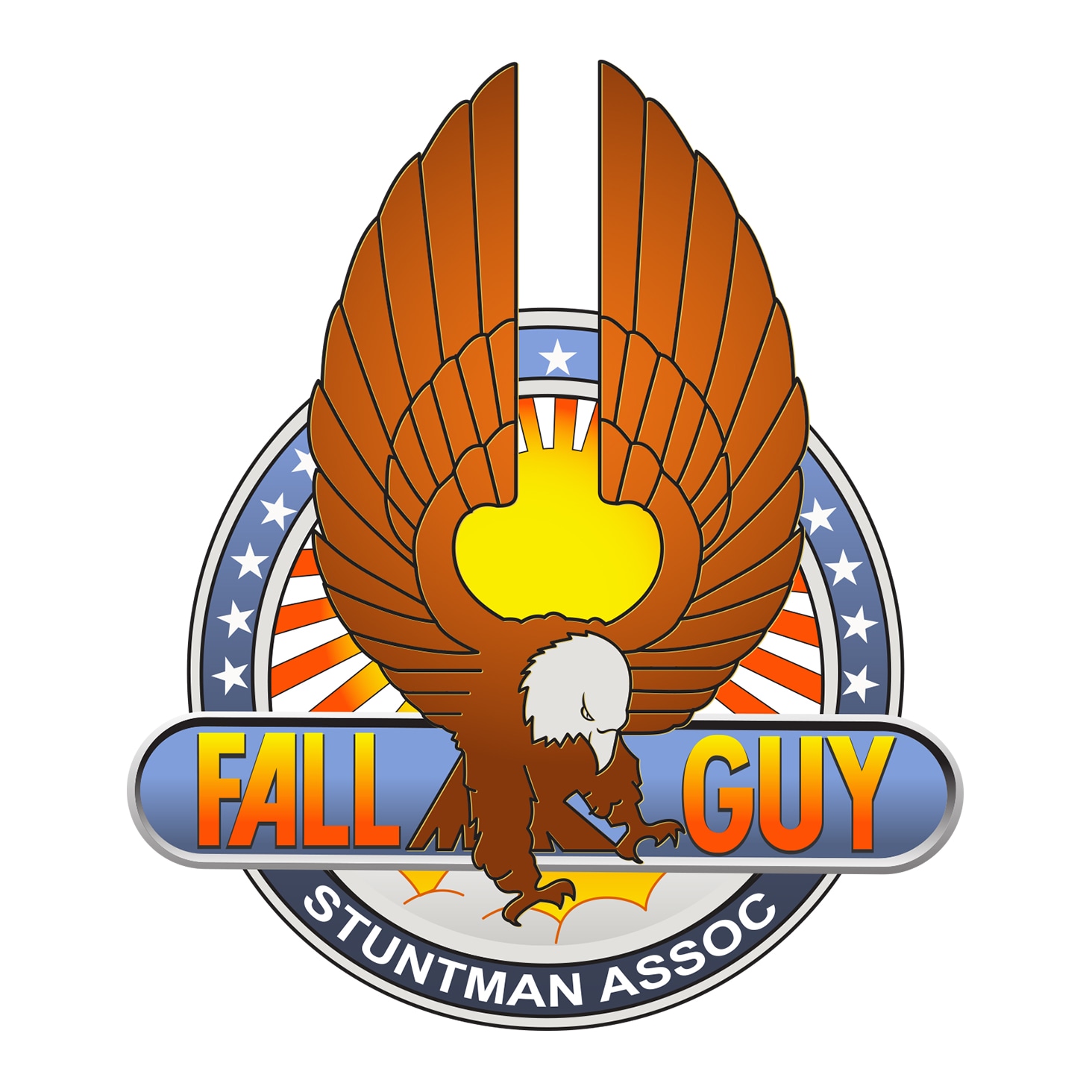 Fall Guy Stuntman Association logo featuring a bald eagle with extended wings, sunburst, and patriotic stars in a circular design.