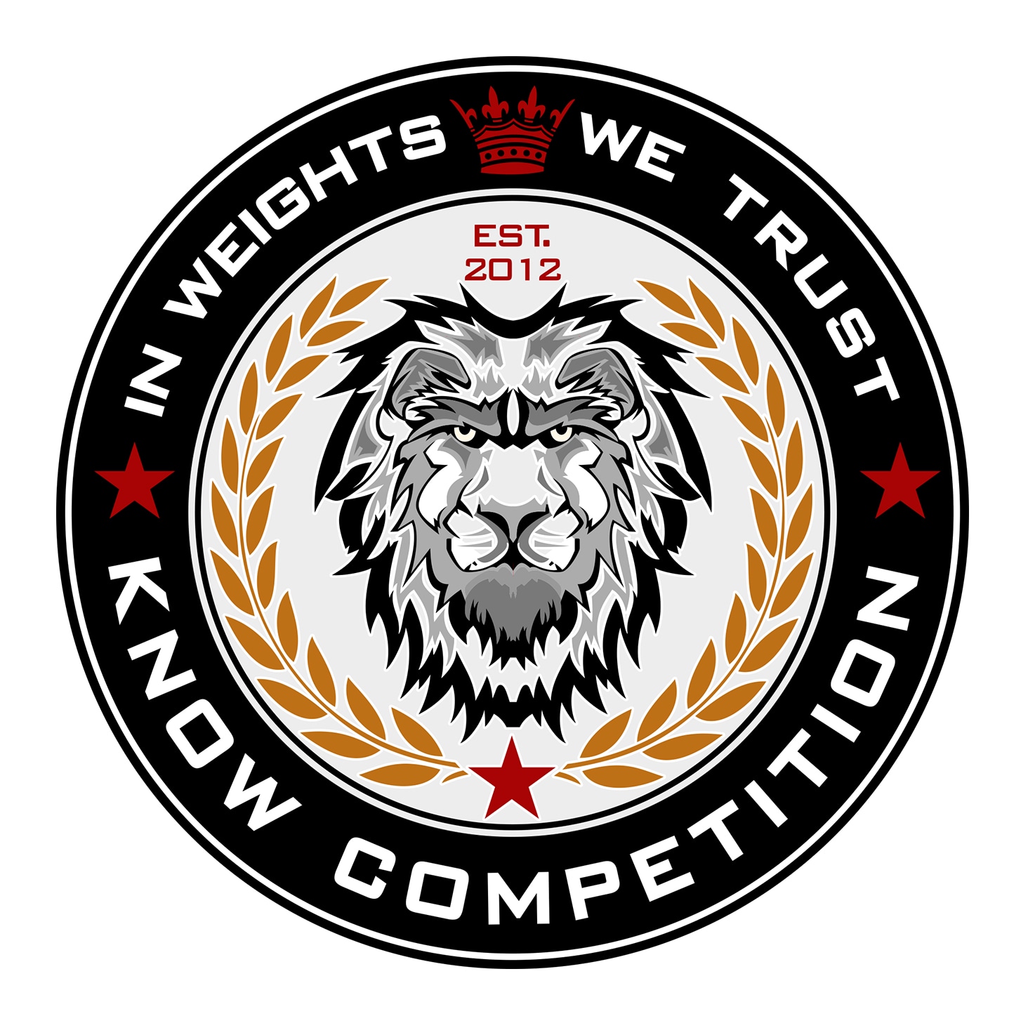 Circular logo with a lion illustration, laurel wreath, red stars, and