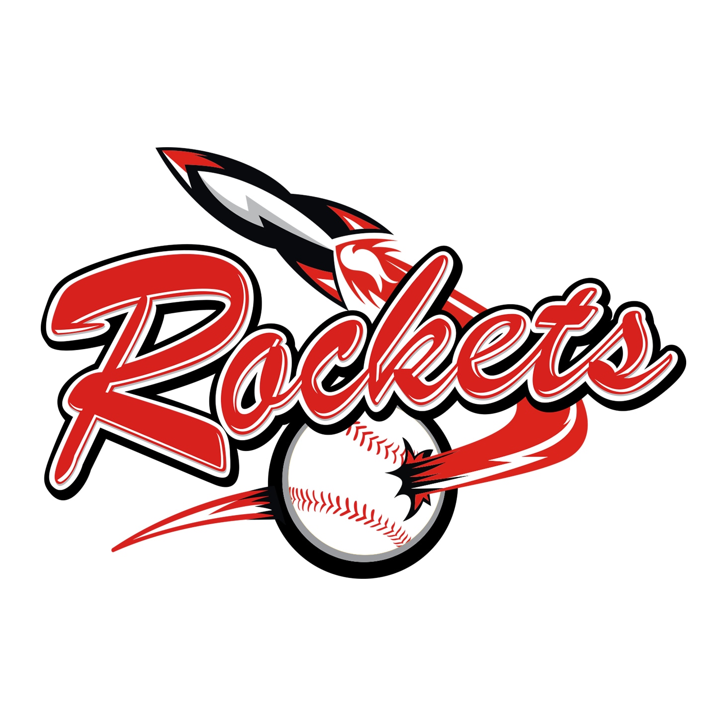 Rockets baseball logo with red stylized text, a baseball, and a rocket design in dynamic motion.