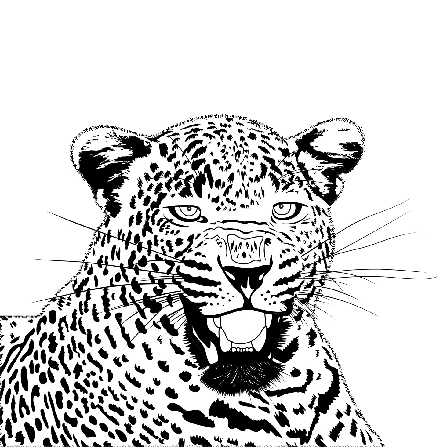 Black-and-white silhouette of a leopard’s face showing intricate spots, sharp teeth, and piercing eyes.