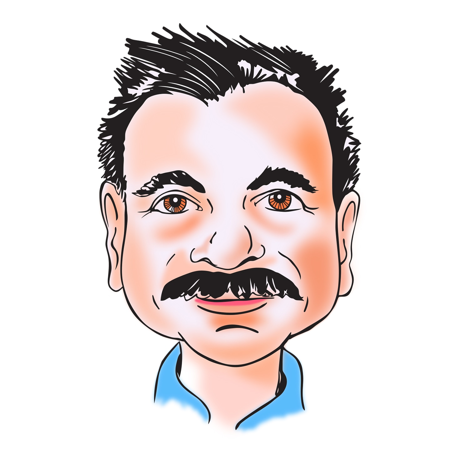 Colorful caricature illustration of a man with a mustache, spiky hair, and warm expression wearing a blue shirt.