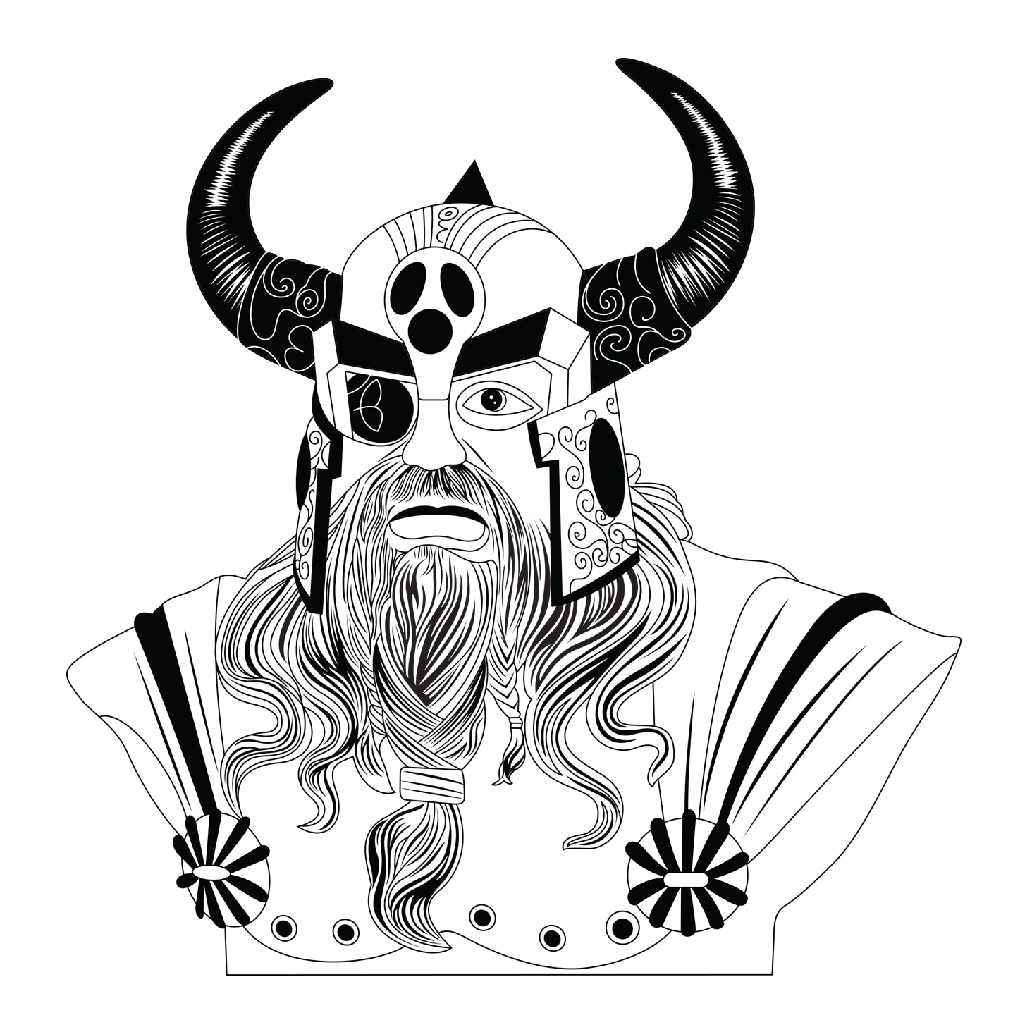 Detailed black-and-white silhouette of a Viking warrior with a horned helmet, an eyepatch, and ornate armor.