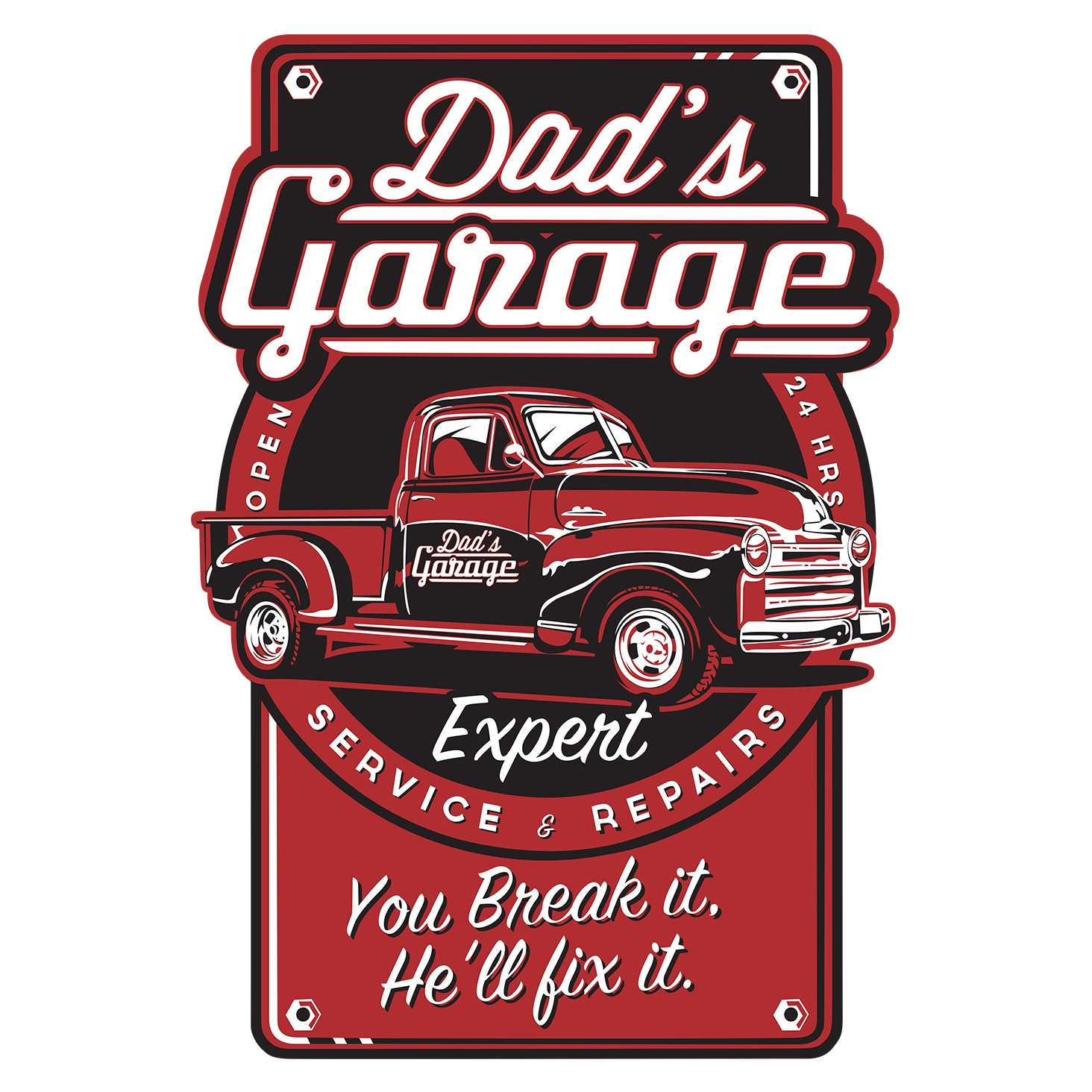 Vectorized garage artwork featuring a vintage red truck with