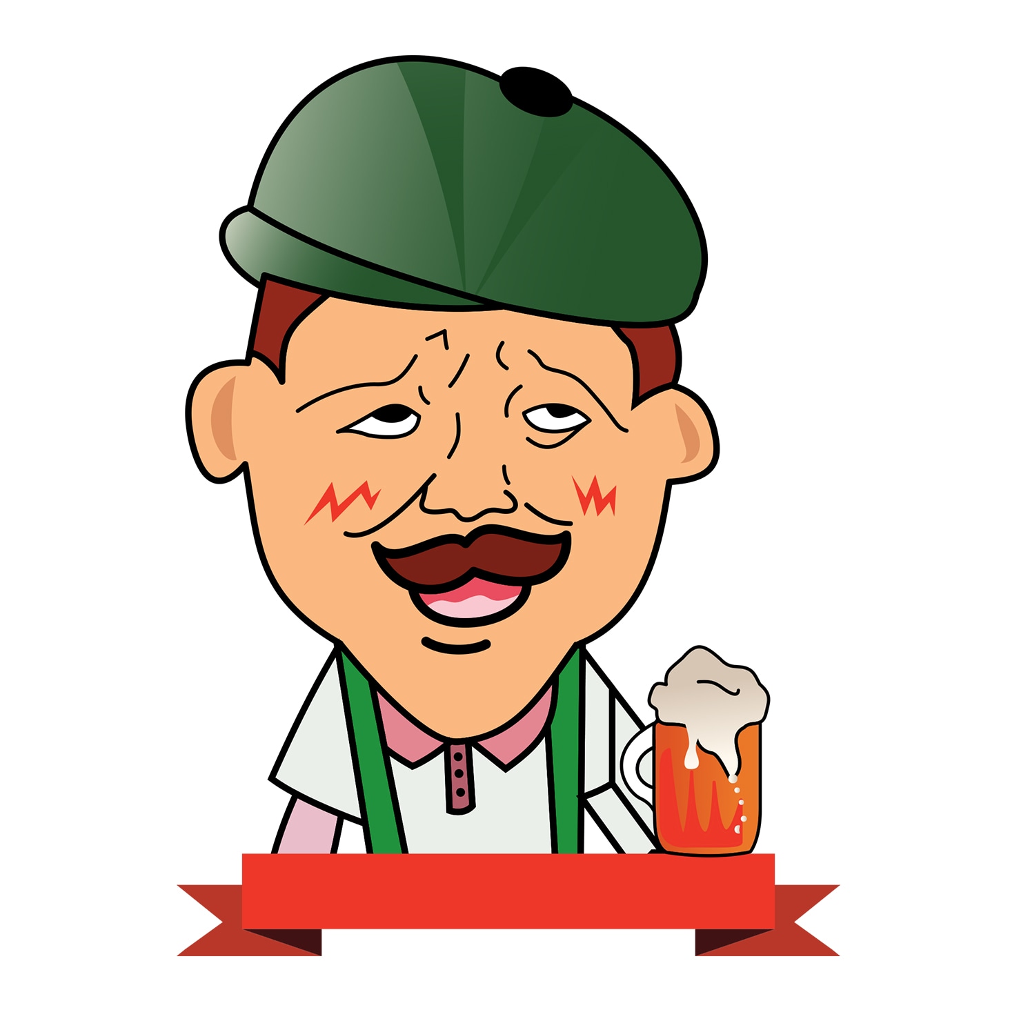 Cartoon illustration of a cheerful man in a green cap holding a frothy beer mug above a red banner.