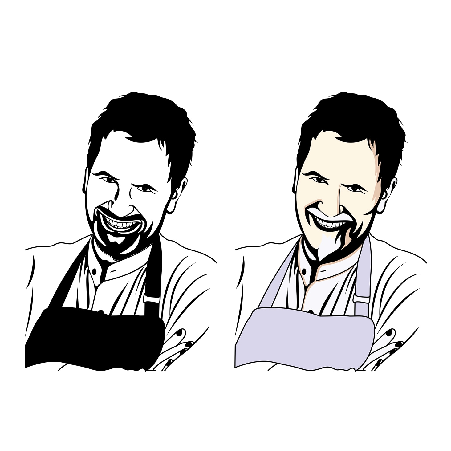 Two chef illustrations, one in black-and-white silhouette and the other in a colored style with an apron.