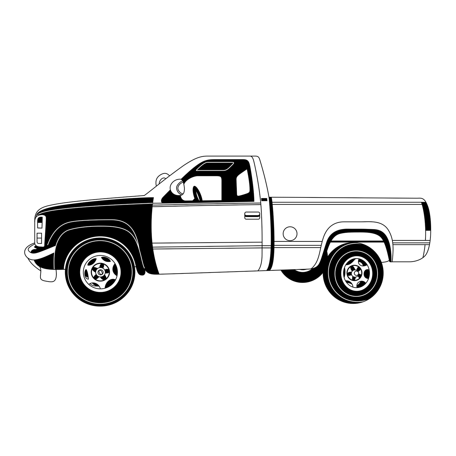 Medium complexity silhouette of a pickup truck shown in a side view with defined details.