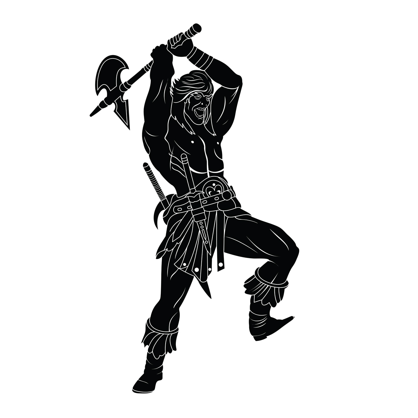 Medium complexity silhouette of a warrior holding a raised axe, detailed with armor and weapon accessories.