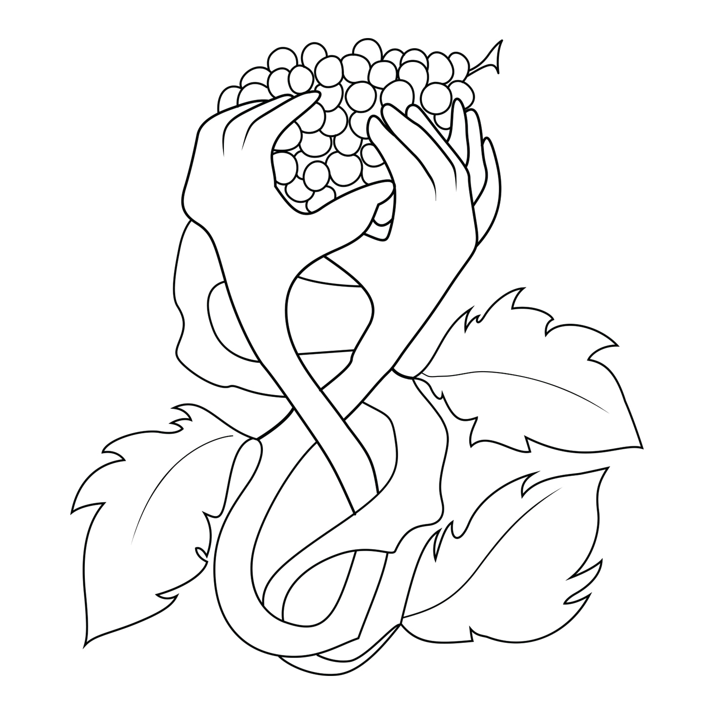 Black-and-white vector line drawing of intertwined hands holding a bunch of grapes surrounded by detailed leaves.